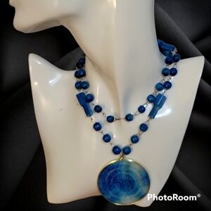 Vintage Carved Blue Agate Mexican Aztec Sundial Unisex Necklace